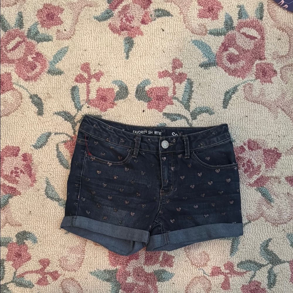 Girls Heart Print Sparkle Denim Shorts